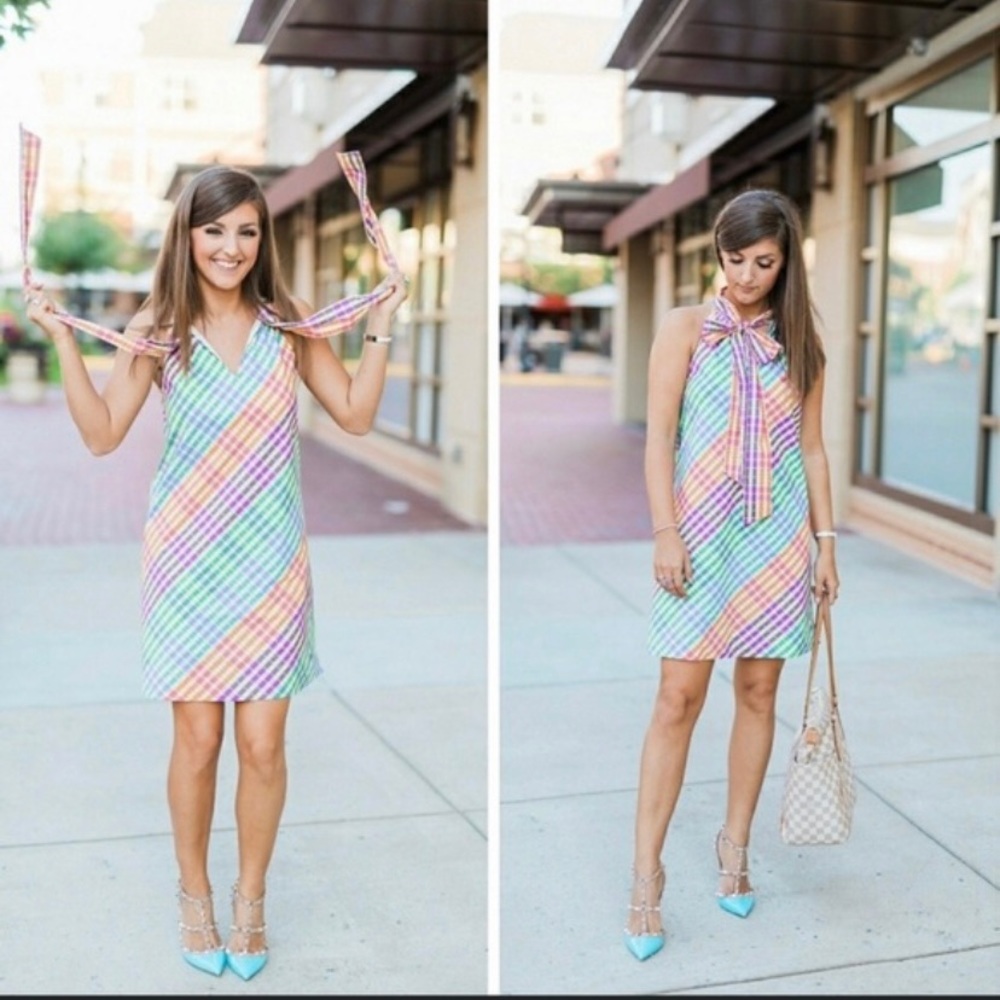 J Crew Rainbow Gingham Tie Neck Shift Dress - Picture 4 of 10